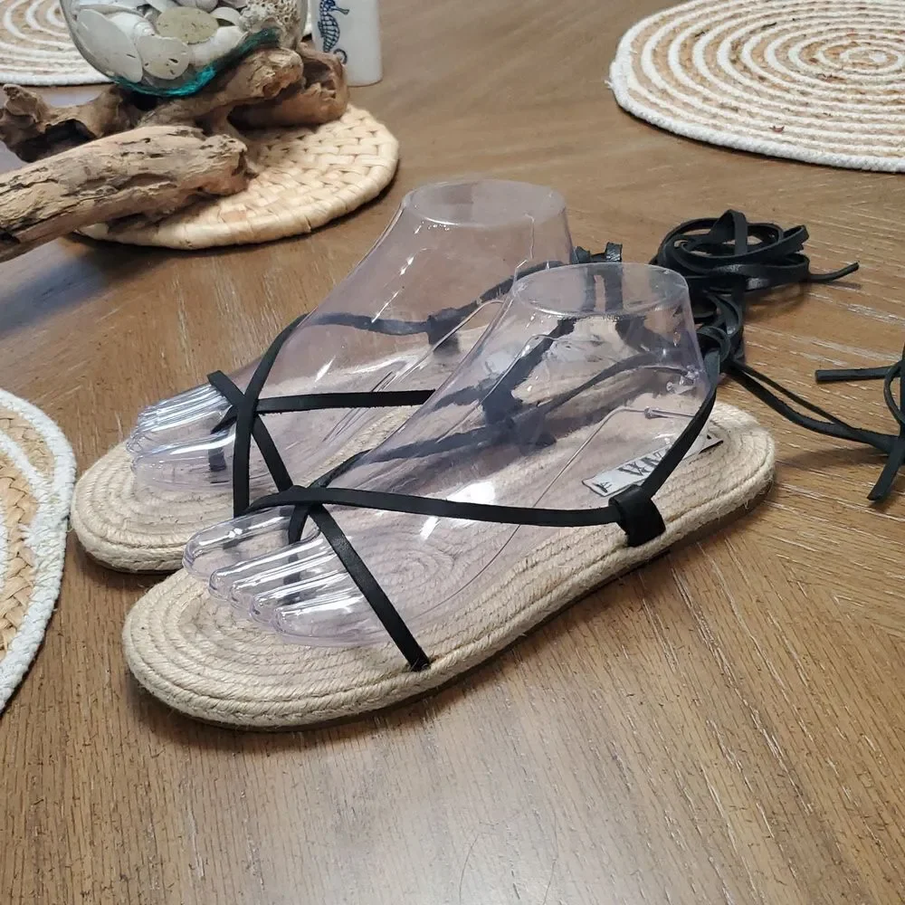 NWOT Zara Lace Up Tied Leather Jute Leather Black Sandals Size 41 - Picture 3 of 8